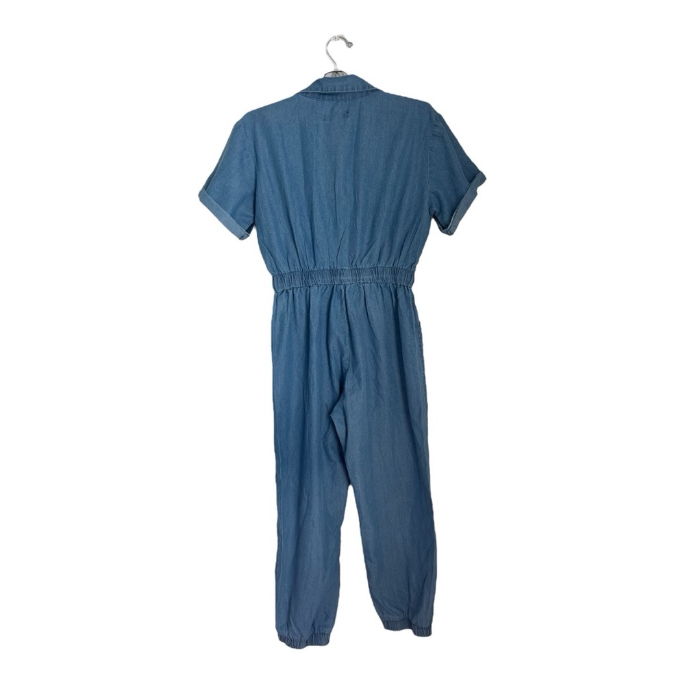 Helium London Blue Cotton Chambray Denim Jumpsuit Zip Front Drawstring Waist M - Picture 3 of 10